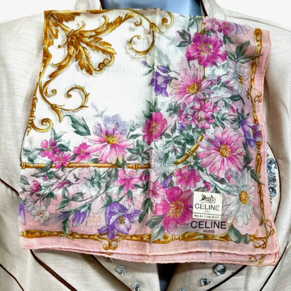 New Tag On Celine Paris MiniScarf/Handkerchief cotton 19"  Pink Floral (51) - Picture 2 of 5